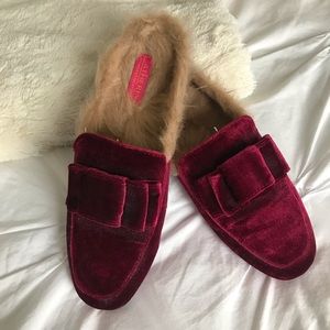 Burgundy velvet fur-lined mules size 7.5